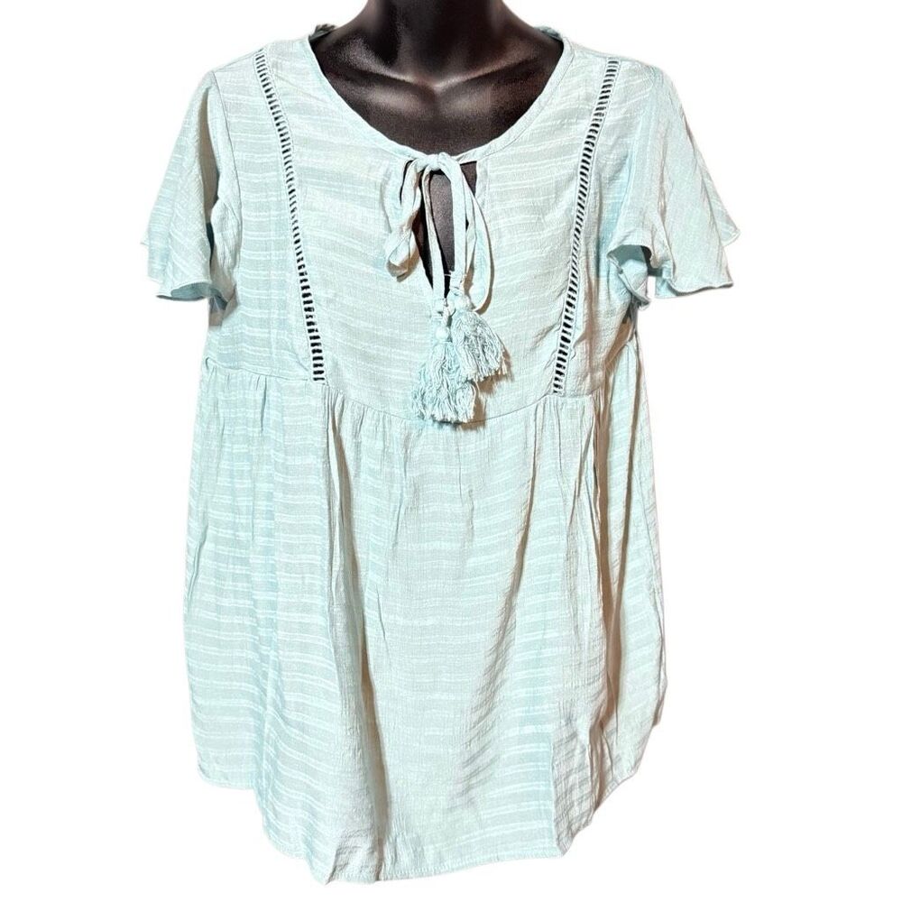 Anna-Kaci California Short Sleeve Boho Top With Tassel Tie Front And Crochet Tri